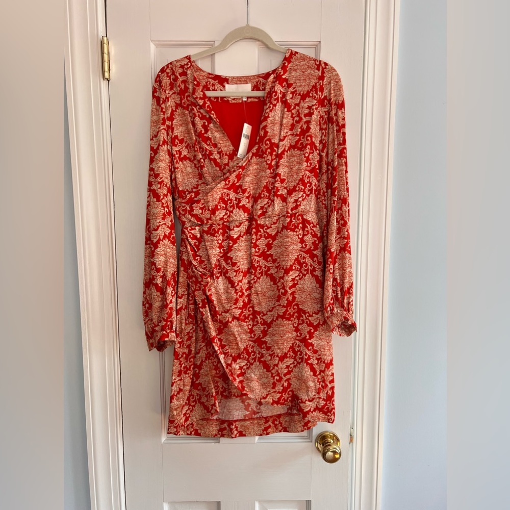 Anthropologie red silk/viscose floral dress with sleeves
